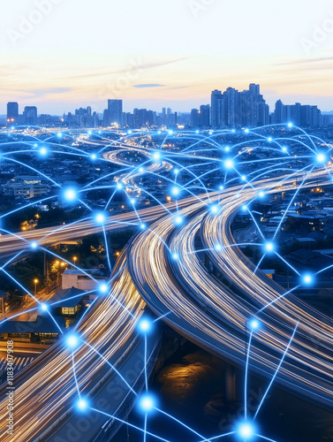 Smart City Network:  A futuristic cityscape at twilight, showcasing a complex network of interconnected highways and glowing nodes, symbolizing advanced technology and seamless connectivity.
