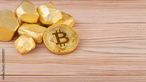 Bitcoin Gold Rush: A golden bitcoin rests amidst a pile of gold nuggets on a light wood background, symbolizing cryptocurrency's value and potential. photo