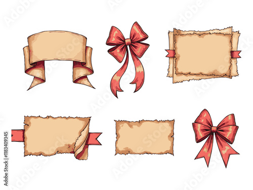 Old parchment scroll with ribbon girl vector design set