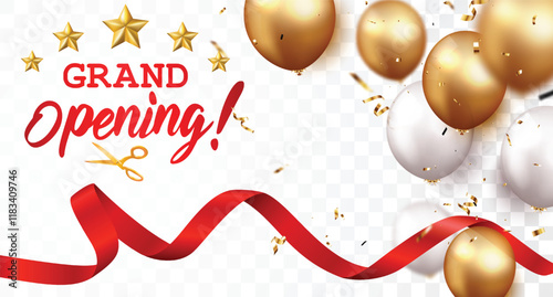 Grand opening card design banner with gold ribbon and confetti