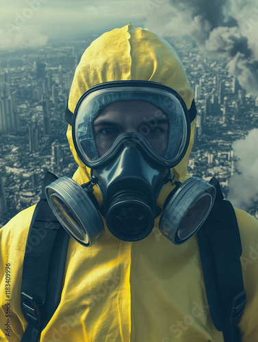 The Last Man Standing: A solitary figure, clad in a hazmat suit and respirator, stares into the camera with a haunted expression. The backdrop is a desolate cityscape shrouded in smoke and ash. photo