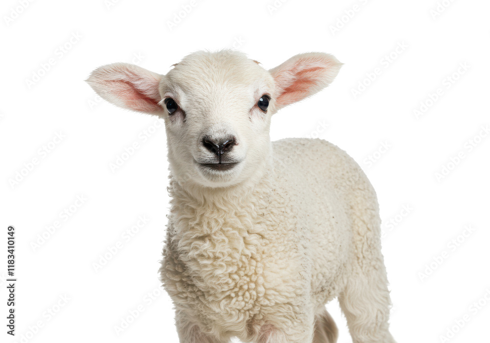 A young lamb with soft wool and curious expression, isolated on white background A young lamb with soft wool and curious expression, isolated on white background