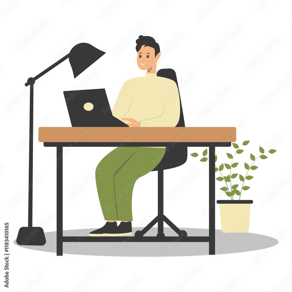 Happy People Programmer Working at Home. Vector Illustration