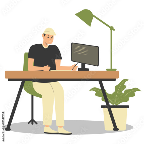 Happy People Programmer Working at Home. Vector Illustration