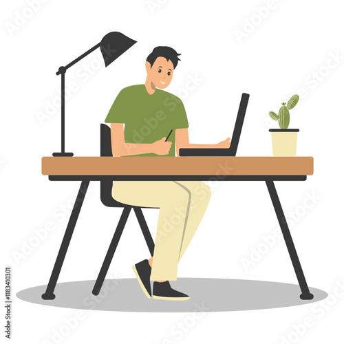 Happy People Programmer Working at Home. Vector Illustration