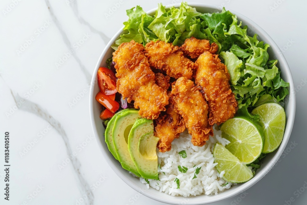 photo of bowl with avocado, rice, salad and crispy golden chicken on marble background photo of bowl with avocado, rice, salad and crispy golden chicken on marble background