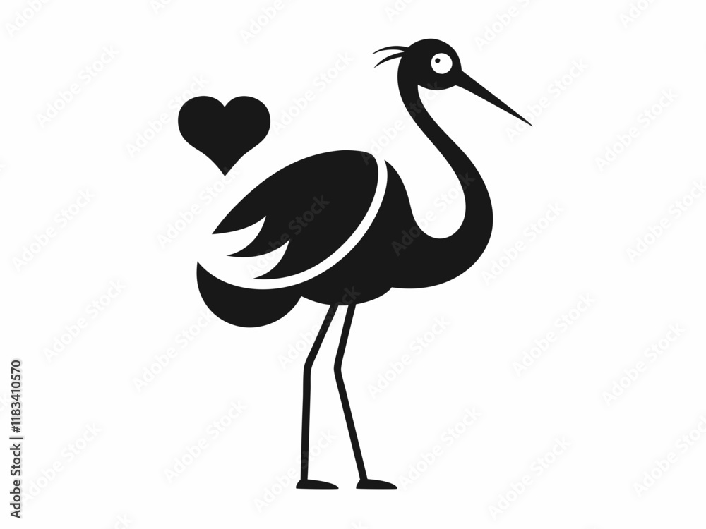 Fototapeta premium Black and white illustration, stylized stork silhouette, long-legged bird, elegant pose, heart-shaped pendant in beak, wings spread, minimalist design, graphic art style, simplified shapes, iconic sym
