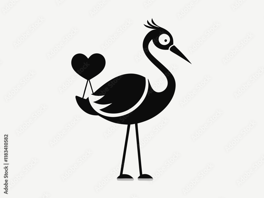Obraz premium Black and white illustration, stylized stork silhouette, long-legged bird, elegant pose, heart-shaped pendant in beak, wings spread, minimalist design, graphic art style, simplified shapes, iconic sym