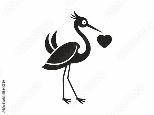 Black and white illustration, stylized stork silhouette, long-legged bird, elegant pose, heart-shaped pendant in beak, wings spread, minimalist design, graphic art style, simplified shapes, iconic sym