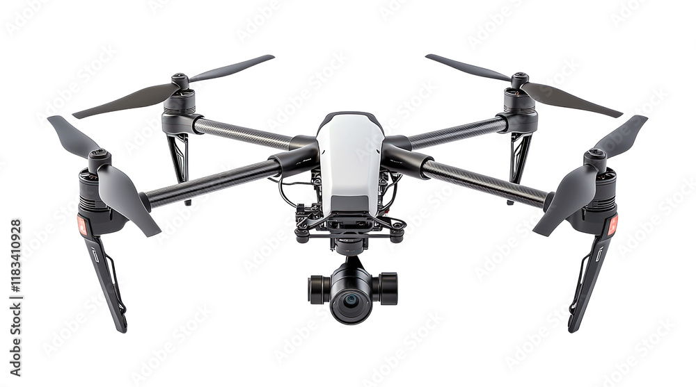 High-tech quadcopter drone with camera and carbon fiber arms, isolated on transparent and white background