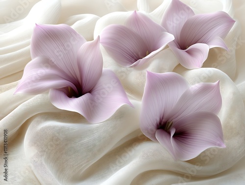 Pale pink calla lilies on soft fabric.
