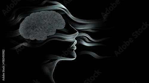 Artistic silhouette of a head with a brain enshrouded in subtle shadow patterns, expressing the quiet, consuming nature of depression photo