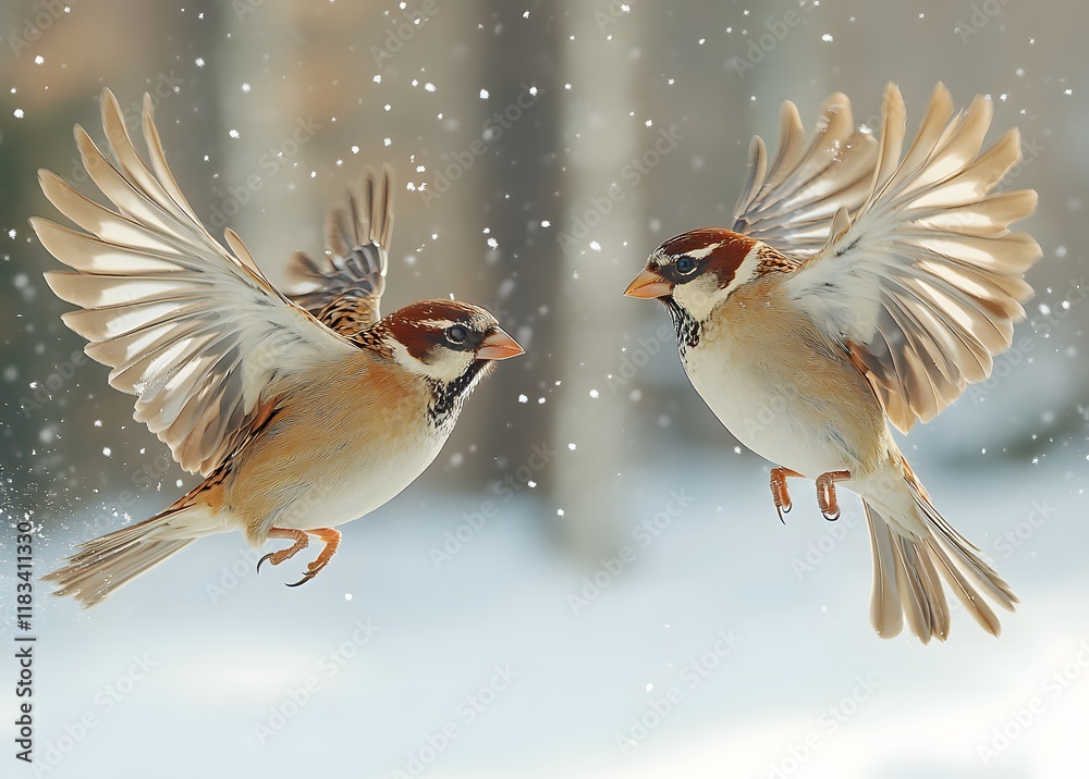 Fototapeta premium Two sparrows in flight during a snow flurry