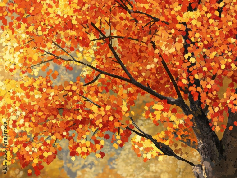 Autumn Leaves Glow Beautifully on Tree Branches in Fall Season Forest. Autumn Leaves Glow Beautifully on Tree Branches in Fall Season Forest.