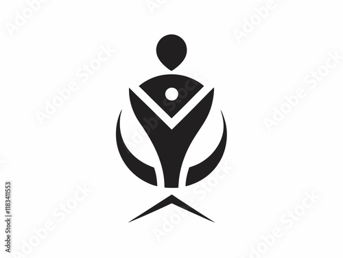 Minimalist geometric logo, abstract human figure, black and white design, symmetrical composition, stylized head and body, triangular shapes, circular element, simple clean lines, modern corporate ide