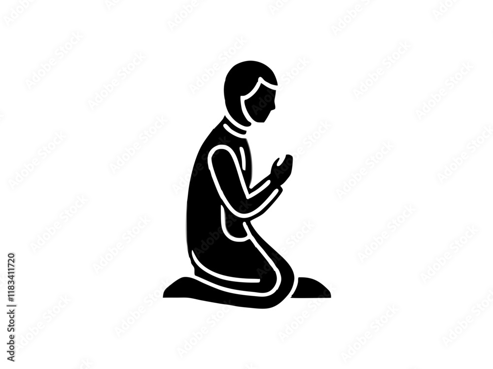 Minimalist silhouette, praying figure, black and white graphic, kneeling pose, spiritual icon, simple line art, religious symbol, meditative stance, stylized human form, Islamic prayer posture, vector Minimalist silhouette, praying figure, black and white graphic, kneeling pose, spiritual icon, simple line art, religious symbol, meditative stance, stylized human form, Islamic prayer posture, vector