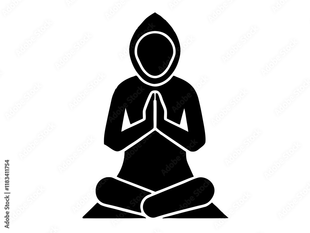Minimalist silhouette, praying figure, black and white graphic, kneeling pose, spiritual icon, simple line art, religious symbol, meditative stance, stylized human form, Islamic prayer posture, vector