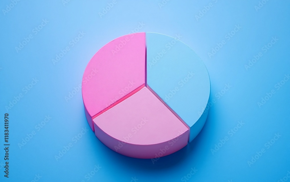 Pastel pink and blue pie chart on blue background. Pastel pink and blue pie chart on blue background.