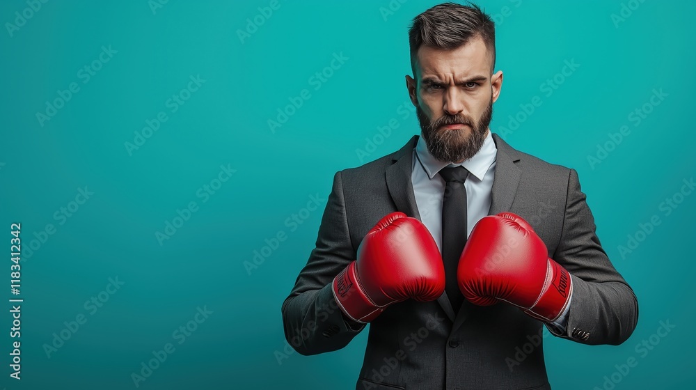 Businessman in a Suit Wearing Red Boxing Gloves on a Blue Background Businessman in a Suit Wearing Red Boxing Gloves on a Blue Background