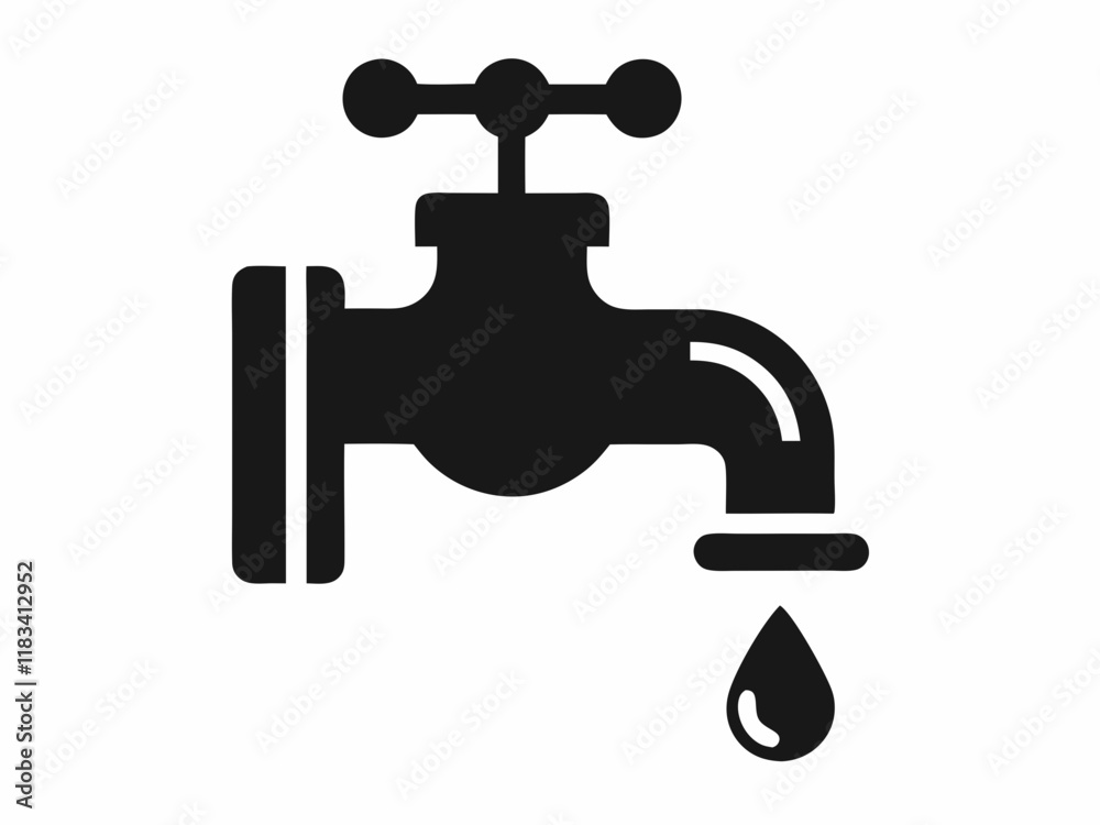 Water faucet icon, simple line drawing, minimalist design, dripping tap, black and white illustration, plumbing symbol, water conservation concept, single droplet, curved spout, valve handle, clean gr Water faucet icon, simple line drawing, minimalist design, dripping tap, black and white illustration, plumbing symbol, water conservation concept, single droplet, curved spout, valve handle, clean gr