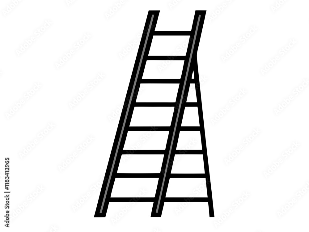 Simple line drawing, ladder, black and white, minimalist design, straight lines, geometric shape, construction tool, vertical orientation, climbing equipment, five rungs, leaning position, simplified Simple line drawing, ladder, black and white, minimalist design, straight lines, geometric shape, construction tool, vertical orientation, climbing equipment, five rungs, leaning position, simplified