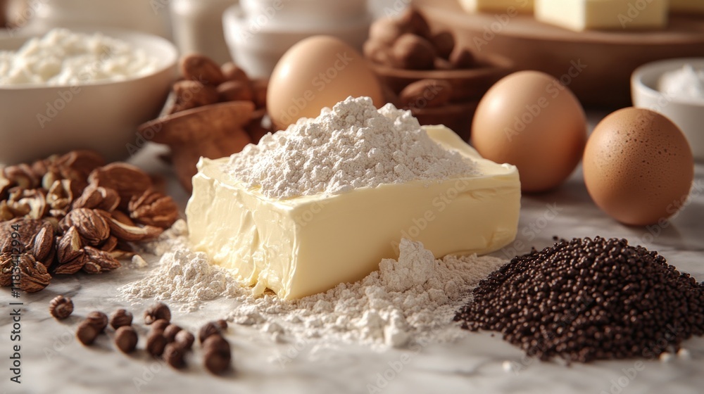 Fototapeta premium Baking ingredients flour, butter, eggs, nuts, kitchen