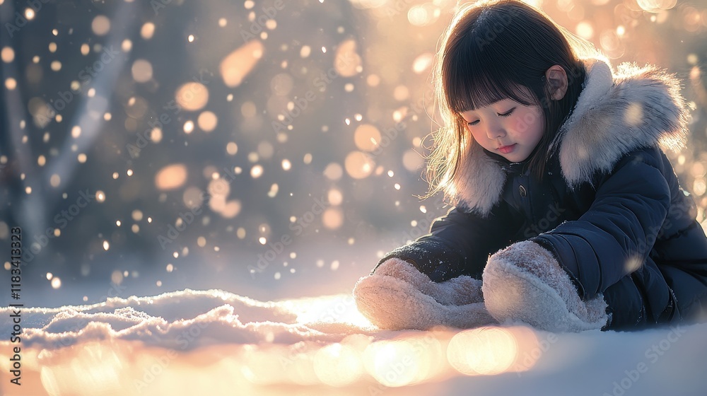 Kid sitting on Snow floor in winter park in the snow,Winter holidays concept,children winter portrait,winter fairy tale,happy vacation,winter season,space for text.