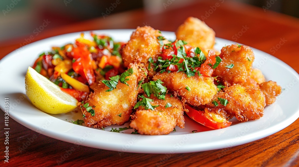 Crispy Fried Fish Bites with Sautéed Peppers and Lemon Garnish A Delicious Meal Crispy Fried Fish Bites with Sautéed Peppers and Lemon Garnish A Delicious Meal
