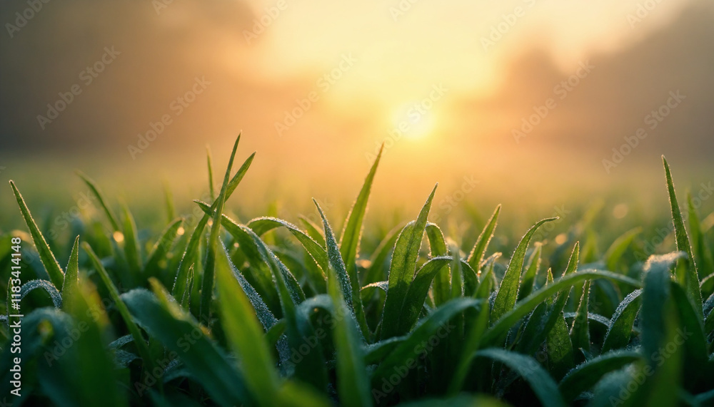 Fototapeta premium Dewy grass blades glowing in magical morning light with copy space