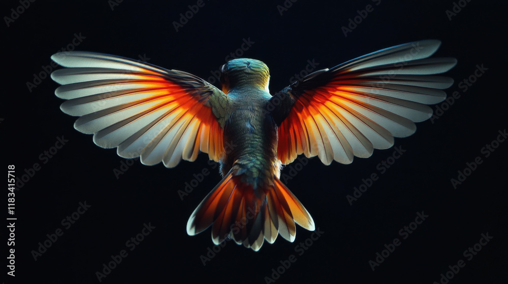 Naklejka premium Hummingbird in flight with glowing wings spread wide against a dark background emphasising its beauty