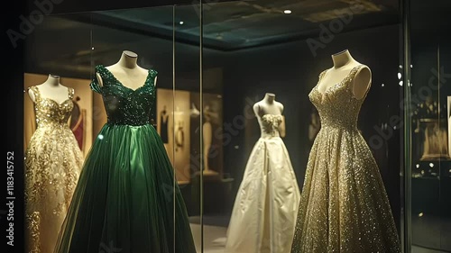 A glamorous evening gown displayed in a high-fashion showroom, spotlighted