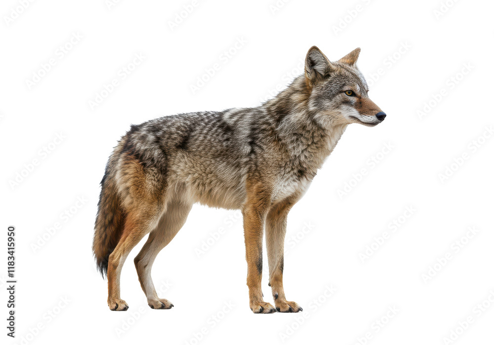 A lone coyote Canis latrans isolated on white background, no depth of field, sharp. A lone coyote Canis latrans isolated on white background, no depth of field, sharp.