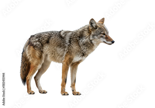 A lone coyote Canis latrans isolated on white background, no depth of field, sharp.