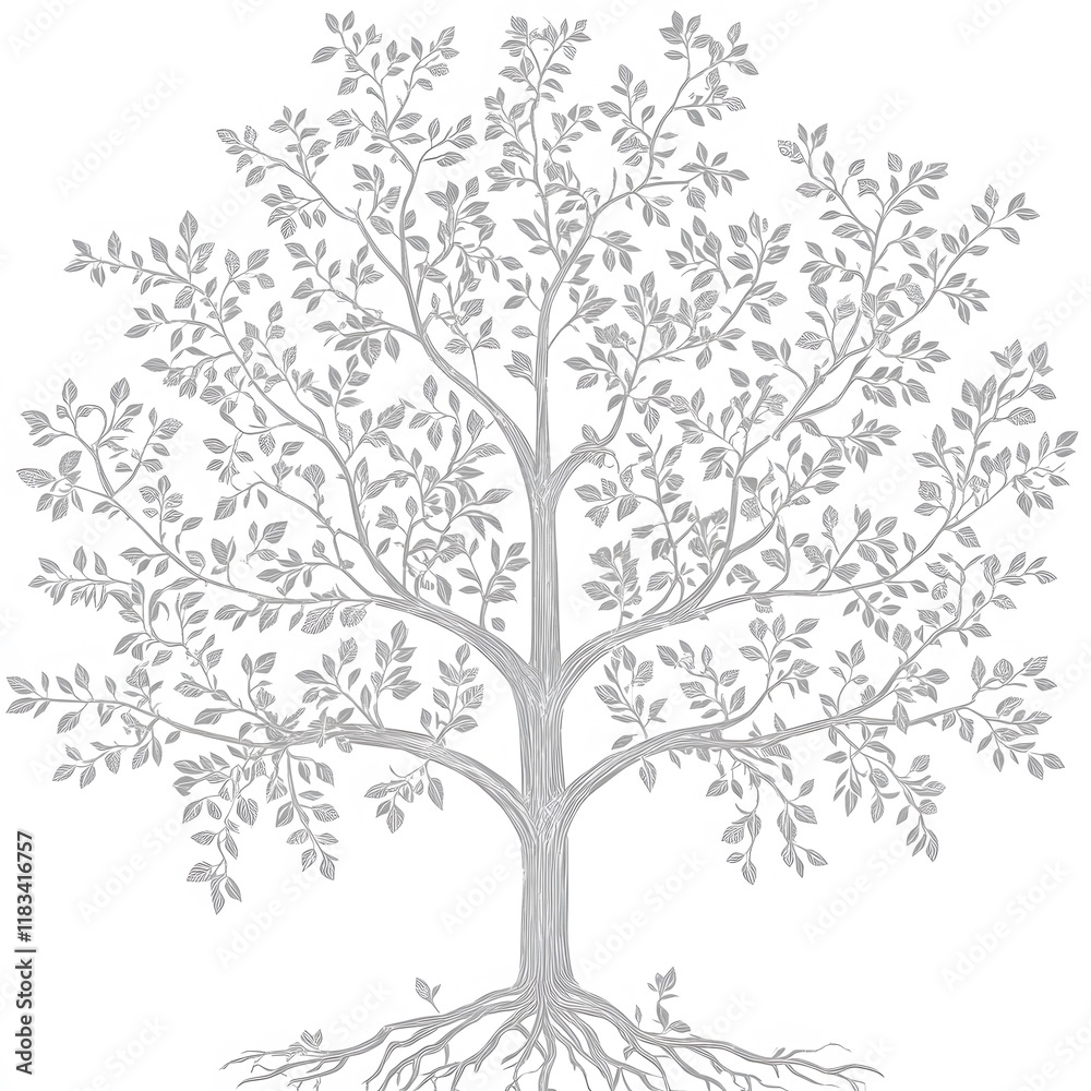 Obraz premium A beautifully detailed vector illustration of a tree, with intricate, flowing branches and leaves, standing tall against a pure white background. The tree's roots are prominently visible, extending de