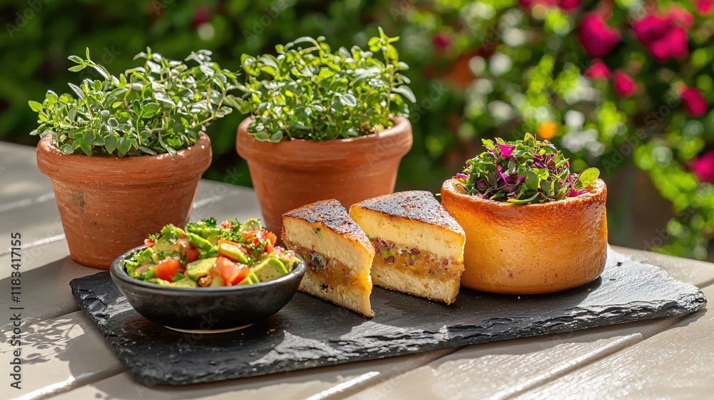 Delicious Grilled Cheese Sandwiches with Avocado Salsa and Herbs in Sunny Garden Setting Delicious Grilled Cheese Sandwiches with Avocado Salsa and Herbs in Sunny Garden Setting