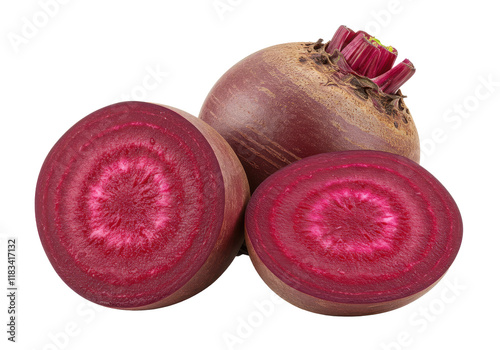 Whole beet root and half isolated on white background, no depth of field, sharp.