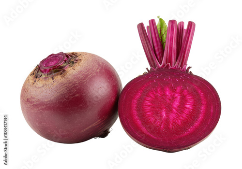 Whole beet root and half isolated on white background, no depth of field, sharp.