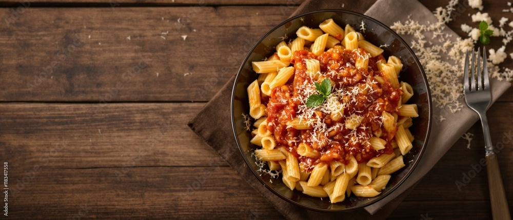 Plate of macaroni (maccheroni) with tomato sauce, on dark wooden background. Italian food. Top view.