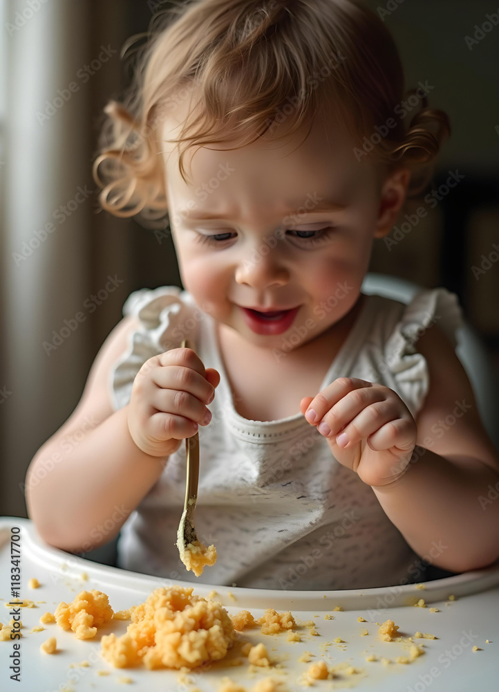 Illustration of a smiling toddler having fun with a meal at the dining table. ,The little boy is eating breakfast with a spoon. Illustration of a smiling toddler having fun with a meal at the dining table. ,The little boy is eating breakfast with a spoon.