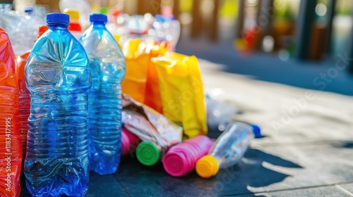 A pile of discarded plastic bottles, wrappers, and bags on the ground. photo