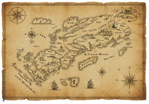 Vintage treasure map parchment isolated on white background, no depth of field, sharp.