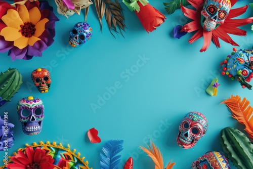 Mexican Independence Day Composition: Festive Frame with Symbolic Elements on Blue Background photo