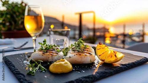 Fototapeta Naklejka Na Ścianę i Meble -  Grilled Fish Sunset Dinner Elegant Seafood Gourmet Meal