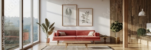 Minimalist White Living Room Interior with Coral Velveteen Sofa, Wooden Floor, and Large Wall Decor photo