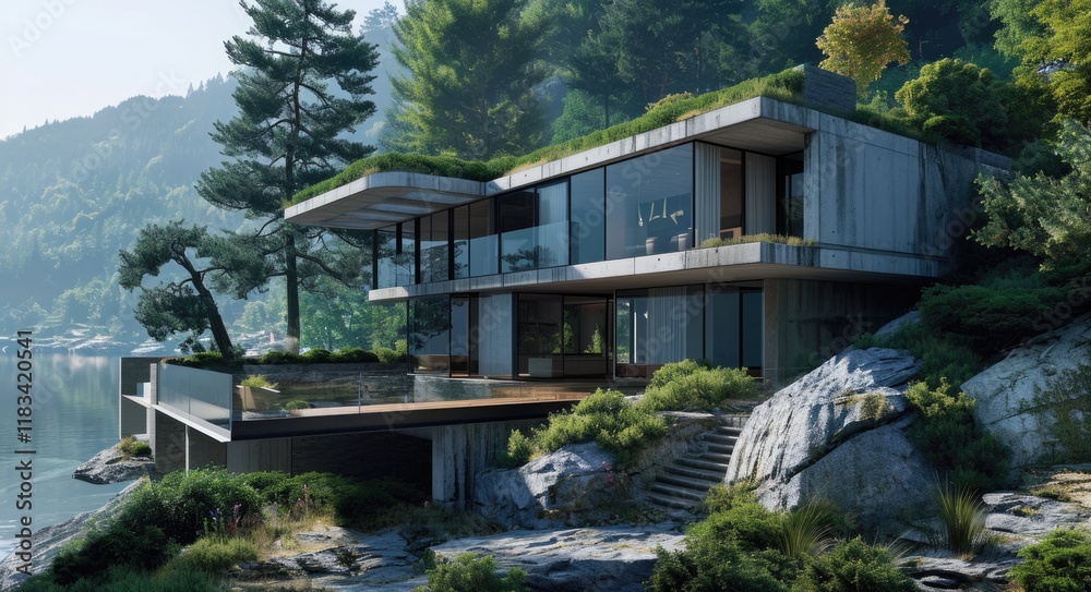 Fototapeta premium Modern Architectural Design: Mountain House with Natural Surroundings and Water Feature