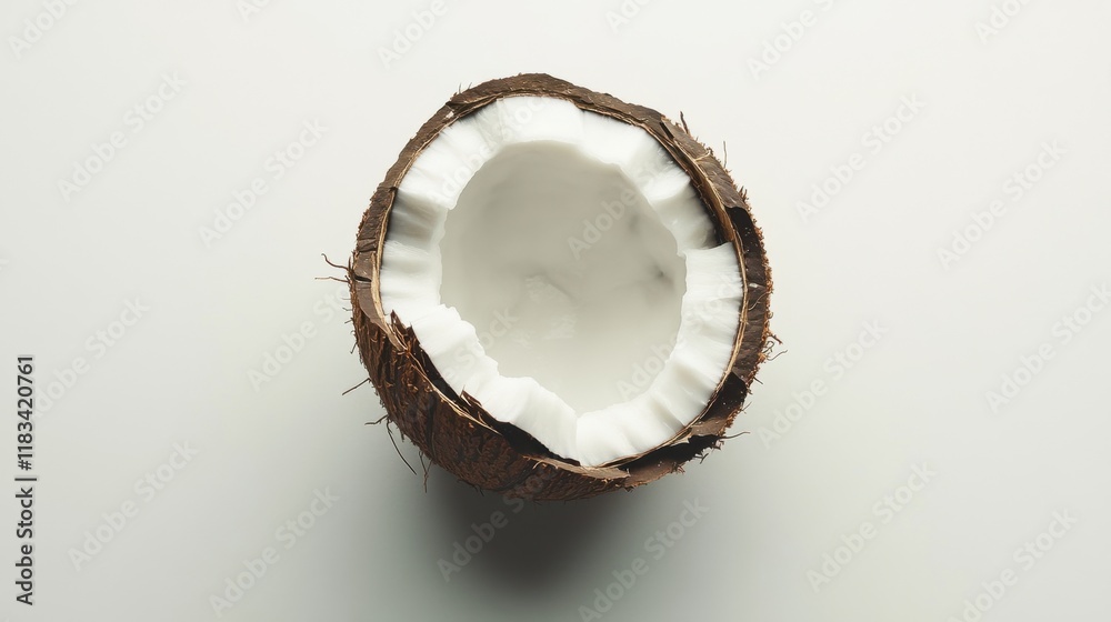 A coconut halved, with its white interior and brown husk contrasting beautifully on a white background. A coconut halved, with its white interior and brown husk contrasting beautifully on a white background.