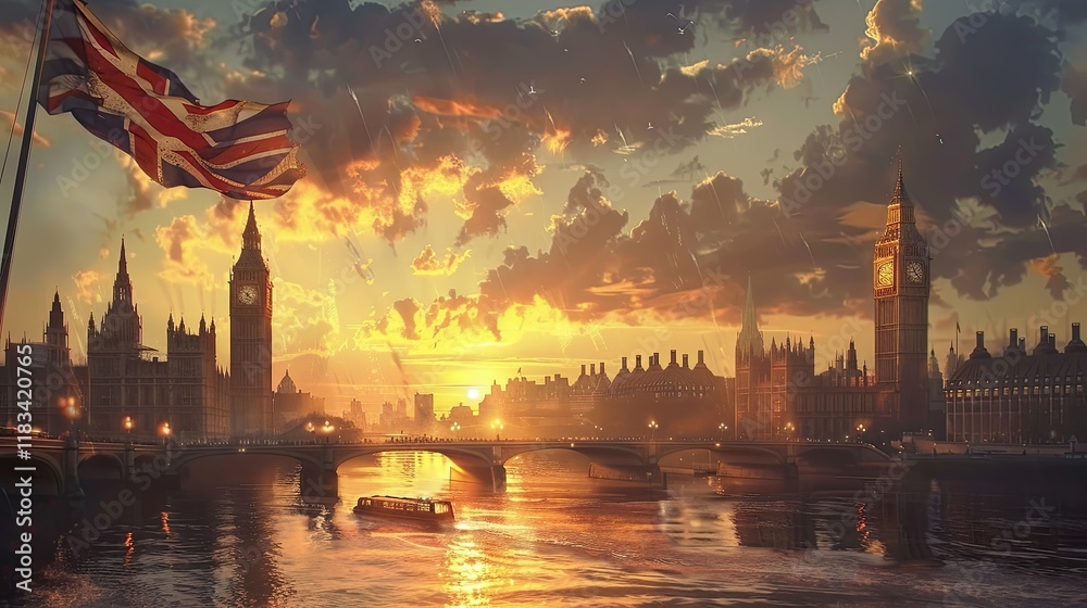 Fototapeta premium Natural Lighting, Cinematic, a view of UK Parliament, over a sunset. at the left corner add a UK flag blown by wind