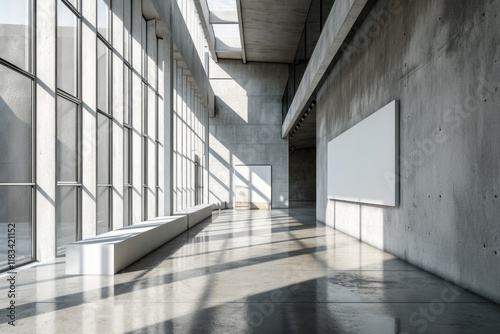 Modern Gallery Interior with Mock-Up Banners and Sunlit Windows. 3D Rendering.