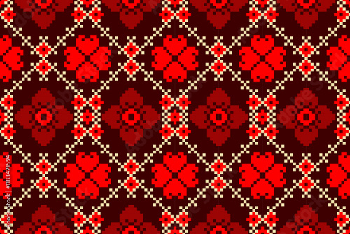 Cross Stitch pattern with Floral Designs. Traditional cross stitch needlework. Geometric Ethnic pattern, Embroidery, Textile ornamentation, fabric, Hand stitched pattern, Cultural stitching pixel art.