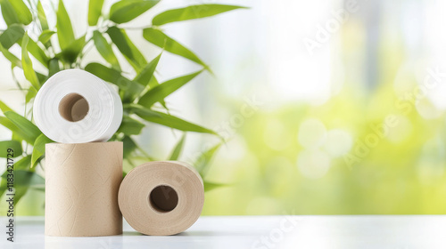Eco friendly bamboo toilet paper rolls stacked with green bamboo leaves in background, promoting sustainability and natural living